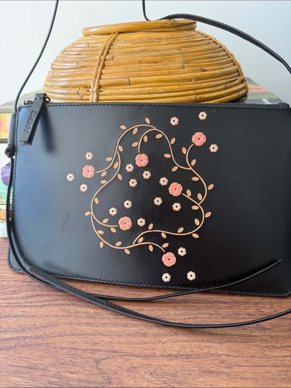NWT DKNY Black Floral Fantasy Vegan Leather Shoulder Bag w/Embossed Design.
